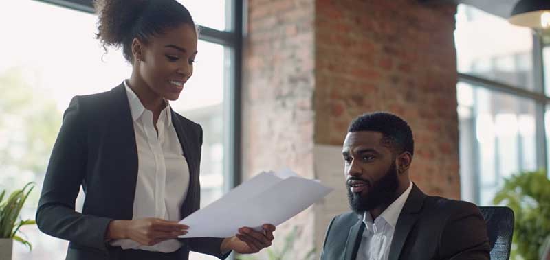 An accountant confidently hands a financial audit report to a CEO in a professional office setting.