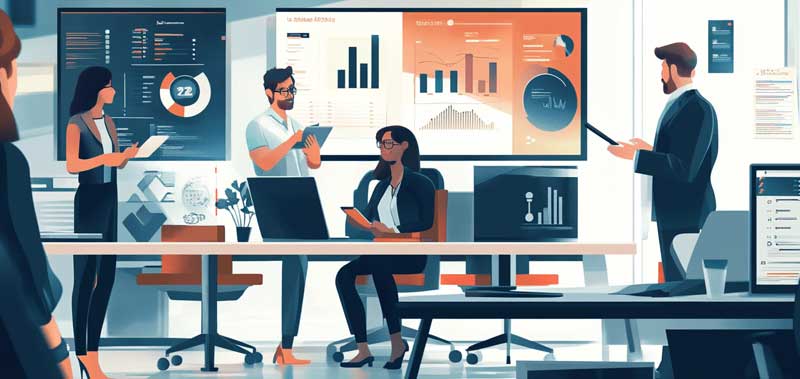 A business professional discussing key financial metrics with a team in a modern office setting, emphasizing the importance of data-driven decision-making.