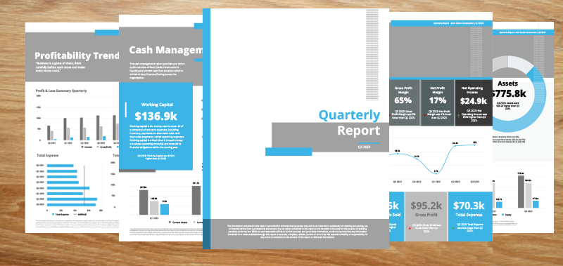 Quarterly Financial Report Template showcasing key financial metrics including Profit & Loss Statement, Balance Sheet, and Cash Flow Statemen