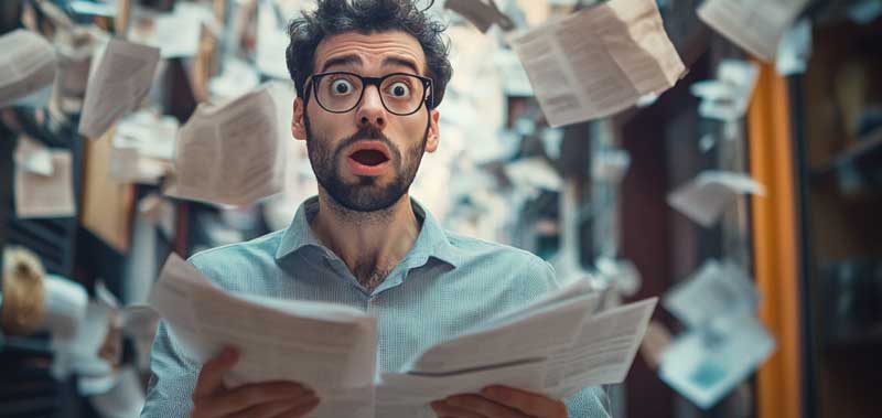 A confused person looking at papers with the world in chaos behind them, symbolizing the stress of managing complex financial data during turbulent times.